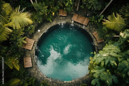 Top view of the circular pool with wooden sunbeds in the rainforest.