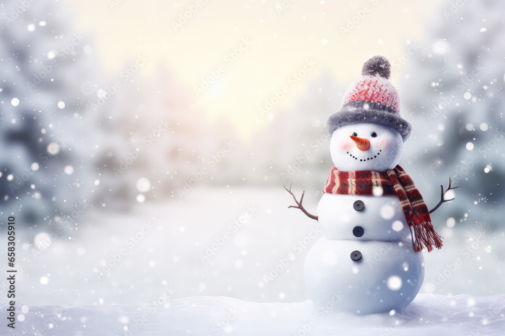 Merry christmas and happy new year greeting card with Happy snowman standing in christmas landscape, pine tree, pine leaf. Snow background. Copy space. Merry christmas and happy new year greeting card with Happy snowman standing in christmas landscape, pine tree, pine leaf. Snow background. Copy space.
