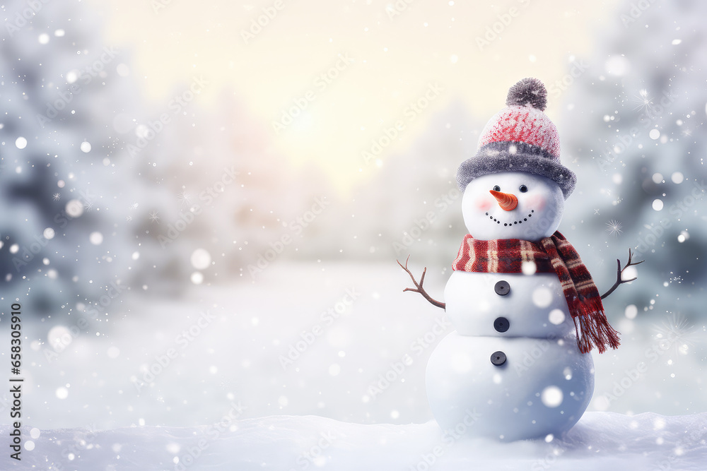 Merry christmas and happy new year greeting card with Happy snowman standing in christmas landscape, pine tree, pine leaf. Snow background. Copy space.