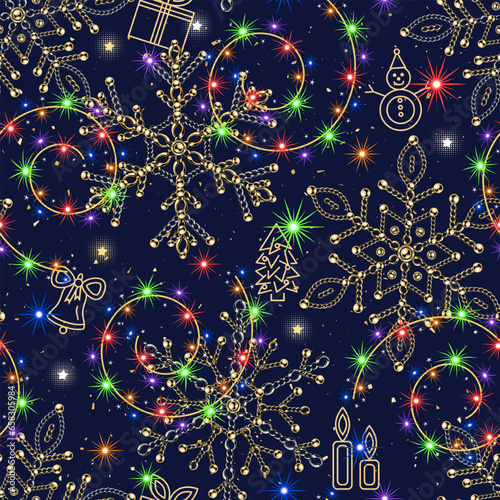 Seamless Christmas pattern with festive garland, blue lights, stars, sparkles, snowflakes made of jewelry gold chains. Outline icon of Christmas symbols behind.