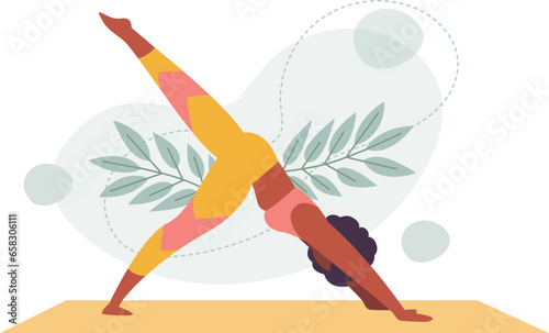 Yoga posture. Girl practising yoga. healthy Lifestyle. Colorful flat vector illustration isolated on a white background. Floral ornaments background. photo