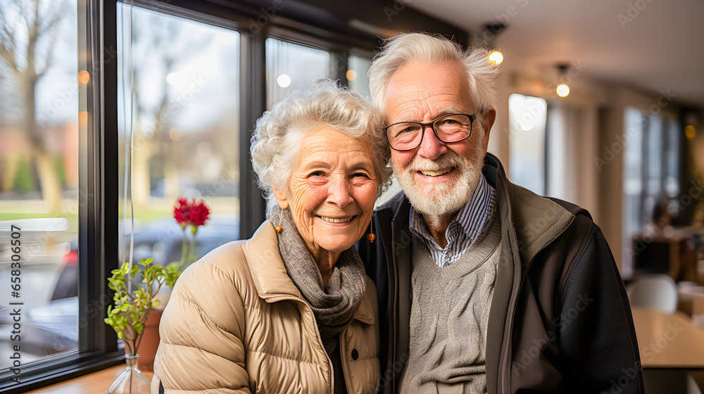 Happy and healthy elderly couple inside a house or residence. Health and happiness in the elderly. Generative ai Happy and healthy elderly couple inside a house or residence. Health and happiness in the elderly. Generative ai