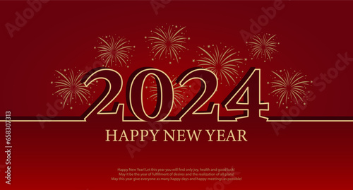 Happy New Year 2024. Christmas background with golden numbers 2024 and fireworks on a red background. Illustration, banner, vector.