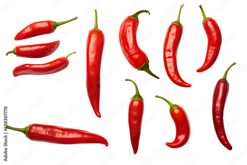 A Collection of Red Hot Chili Peppers Isolated on a transparent Background - Includes Spicy Jalapenos, Whole and Cut in Half, Presented in Both Top and Side Views