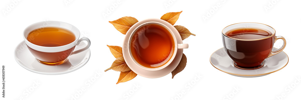 Set of cups of tea isolated on a transparent or white background in the top view