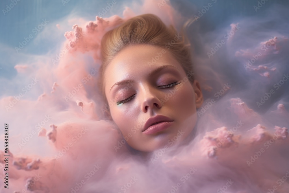 dreamlike image of a model surrounded by clouds dreamlike image of a model surrounded by clouds