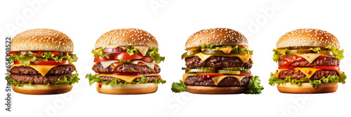 Set of tasty double beef burgers isolated on a transparent or white background