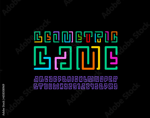 Multi-colored font alphabet from segment line, game style letters and numbers, vector illustration 10EPS
