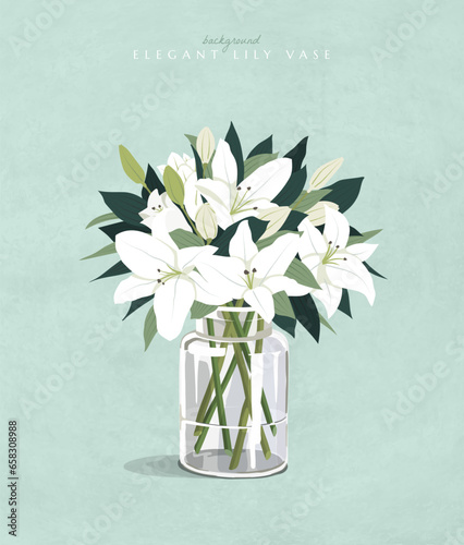 Lily flowers bouquet in a glass vase. Royal white lilies, Delicate feminine aesthetic social media post template. Isolated background. Trendy hand drawn style. Flat design element vector illustration.