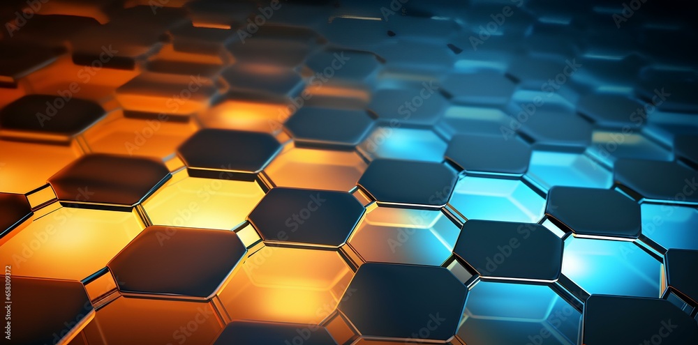 yellow and blue neon hexagon pattern abstract backgrounds, in the style of dark brown and orange, digital light and shadow, glowing light black and sky-blue, glass as material, bokeh. generative AI yellow and blue neon hexagon pattern abstract backgrounds, in the style of dark brown and orange, digital light and shadow, glowing light black and sky-blue, glass as material, bokeh. generative AI