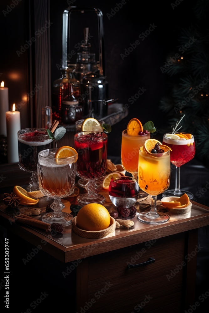 Winter drink – cocktails in glass with lemon, spice, cocoa and cinnamon and café bar background.
