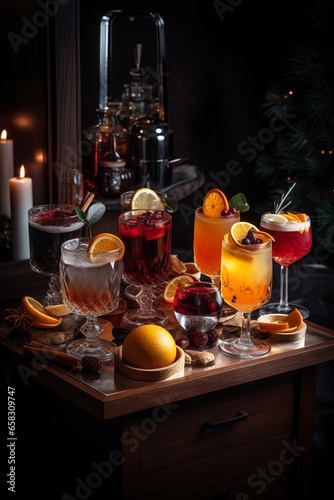 Winter drink – cocktails in glass with lemon, spice, cocoa and cinnamon and café bar background.