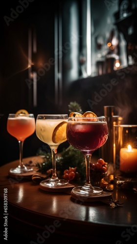 Winter drink     cocktails in glass with lemon  spice  cocoa and cinnamon and caf   bar background.
