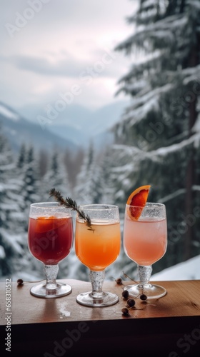 Winter drink – cocktails in glass with lemon, spice, cocoa and cinnamon on winter landscape background with snow, forest and mountains.
