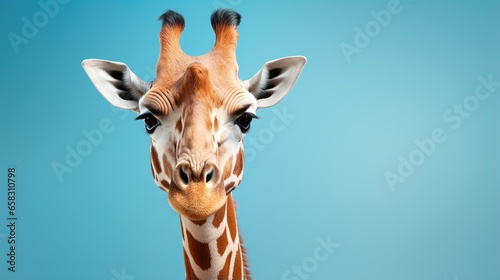 Close-up portrait of giraffe head. Cute giraffe on blue background with copyspace. Funny animal looking at camera.