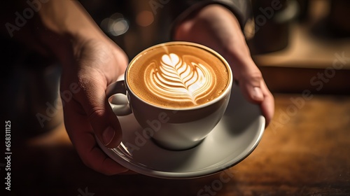 Barista hands you a cup of coffee