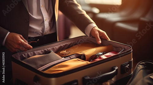 A businessman packs a suitcase, ready for a business trip