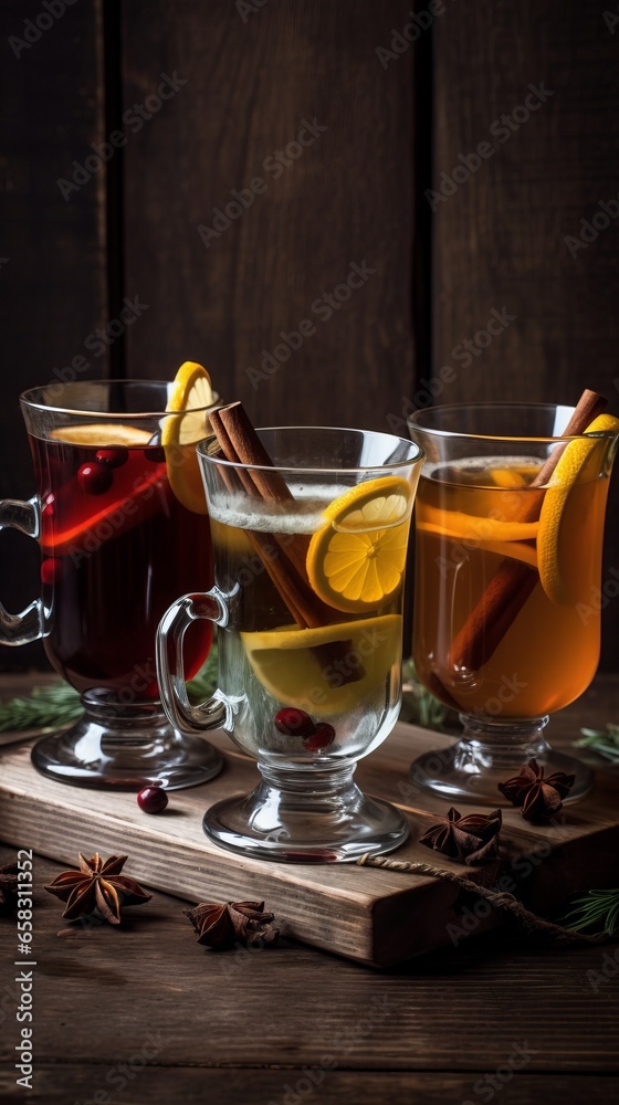 Winter drink – cocktails in glass with lemon, spice, cocoa and cinnamon and café bar background. Winter drink – cocktails in glass with lemon, spice, cocoa and cinnamon and café bar background.
