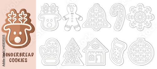 Coloring page with set of gingerbread cookies. Winter homemade sweets in shape of house, mittens, snowflakes, gingerbread man, deer, bell, Сhristmas tree, Christmas tree toy, candy, Christmas sock.