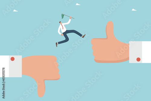Courage and determination to change decision making for new opportunities, pros and cons of strategy, change negative feedback to positive, progress and growth, man jumps from thumb down to thumb up.