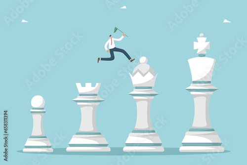 Planning to achieve goals, winning strategy to defeat a competitor, methods and ways to move up the career ladder, achieving heights through hard work, growth and progress, man jumps on chess pieces.