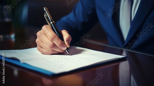 Sitting at a desk  a businessman pens down notes