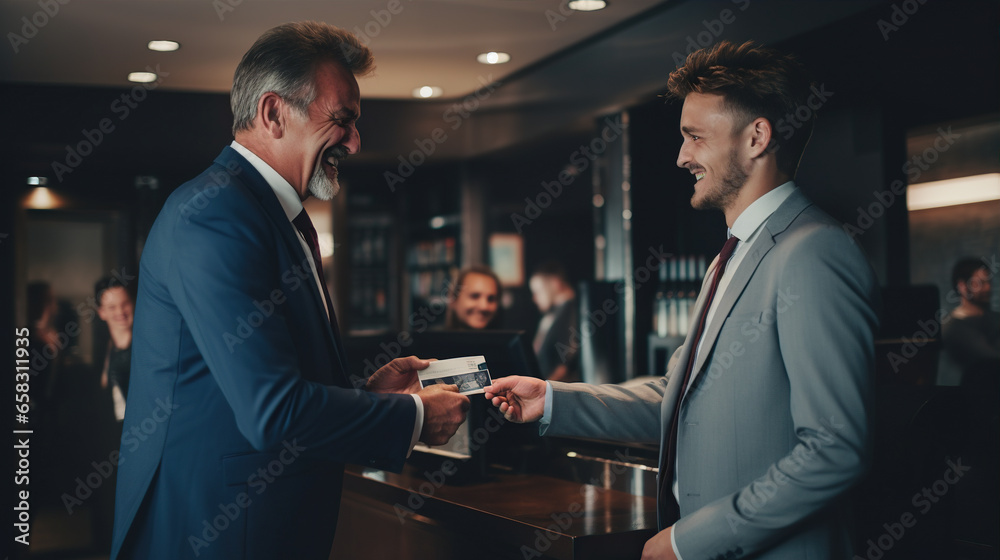 Two businessmen exchange business cards with smiles