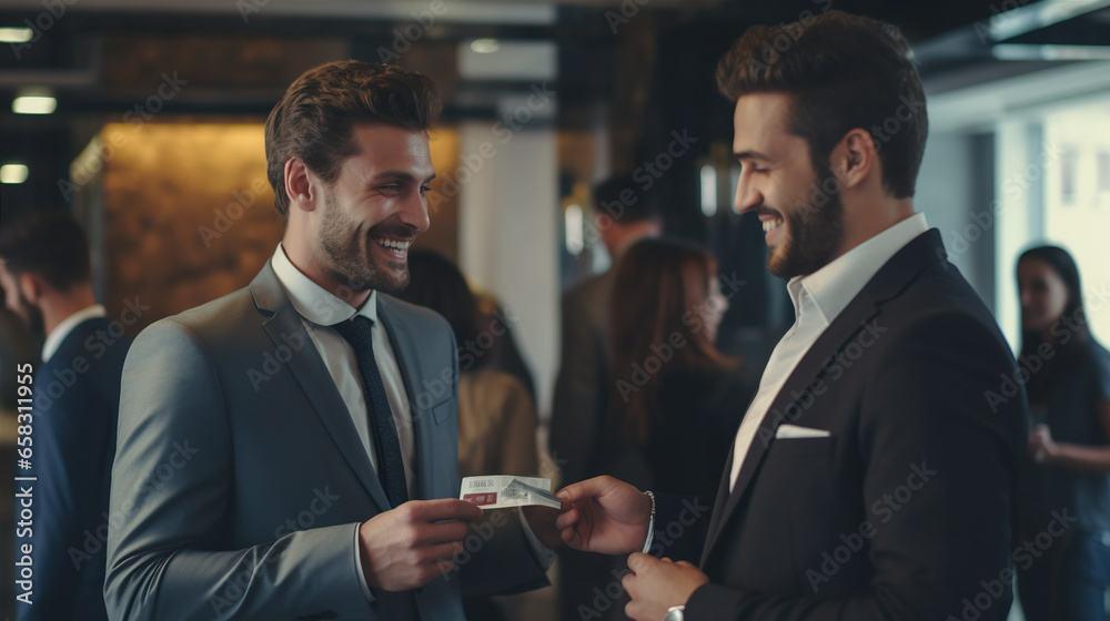 Two businessmen exchange business cards with smiles - obrazy, fototapety, plakaty 