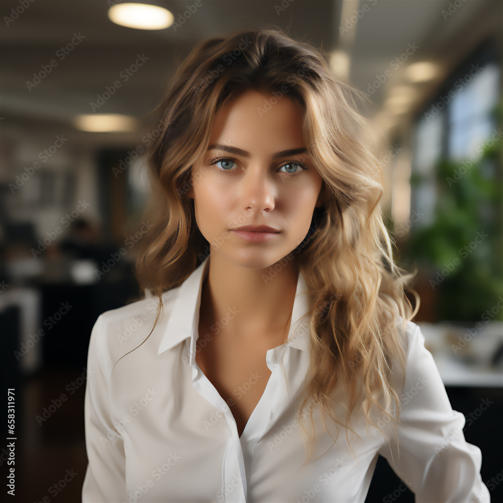 Portrait of withe blonde woman in office with white shirt