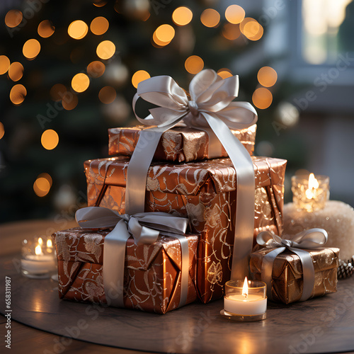 Gifts under the Christmas tree: Gifts of various sizes and shapes placed under the Christmas tree