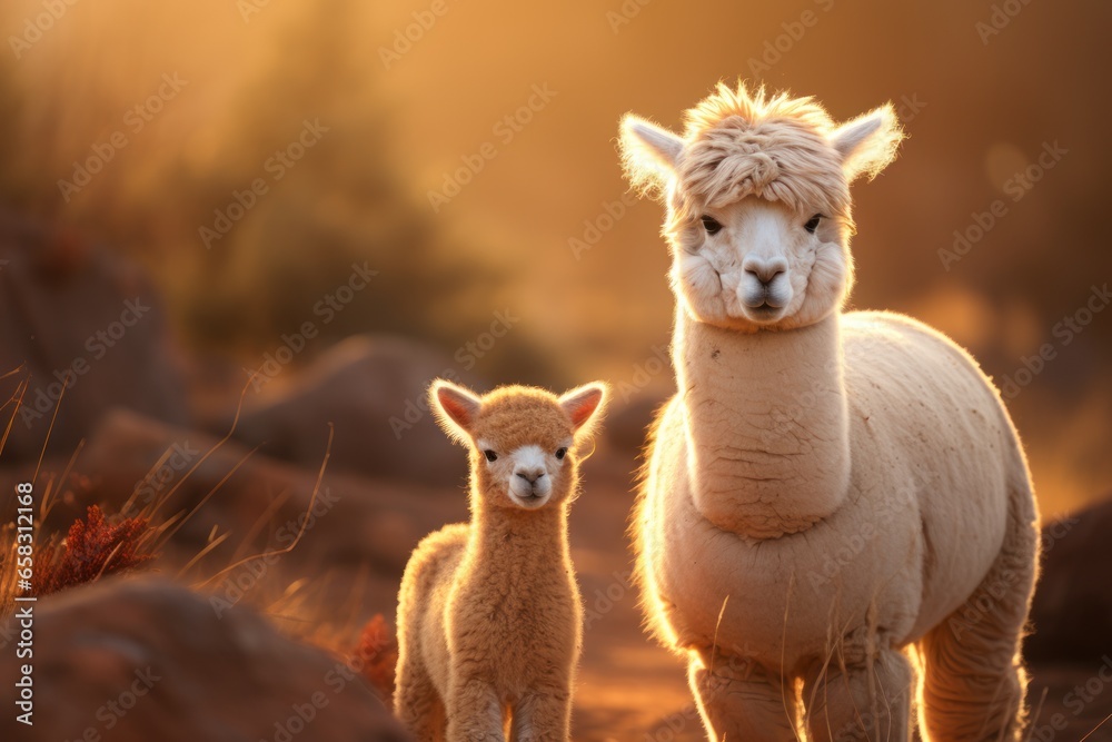 Alpaca and offspring standing on brown grass