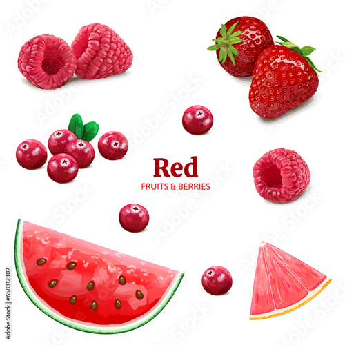 Set of red fruits and berries isolated on white background. Vegetarian, organic food. Vector Illustration. 