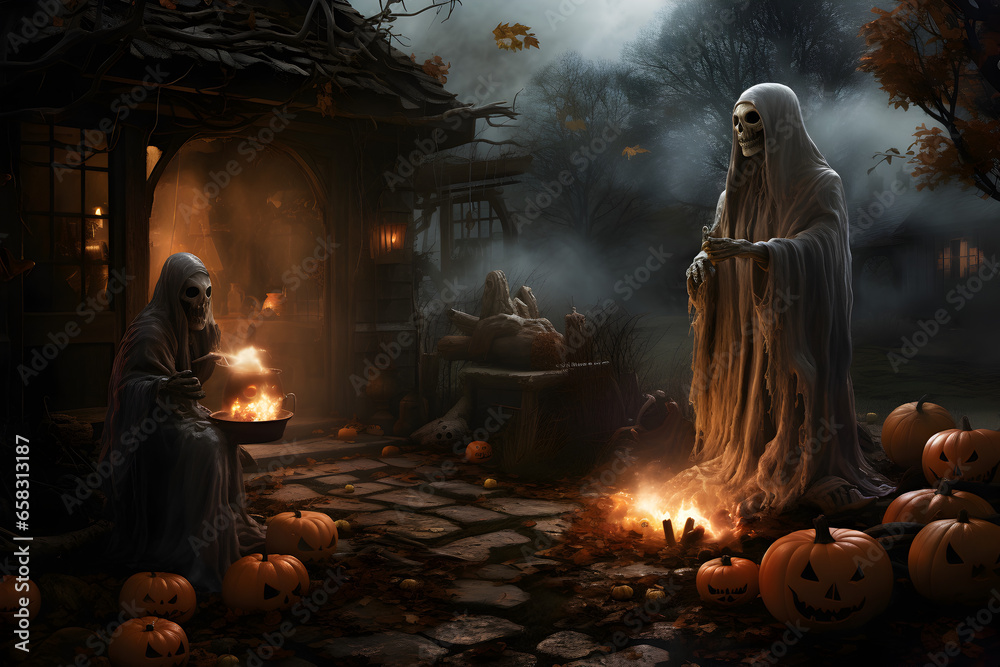 Obraz na plátně Captivating Halloween scene with eerie ambiance, spooky decorations, and a touch of mystery