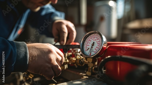 maintenance - technician checking pressure meters for house heating system.