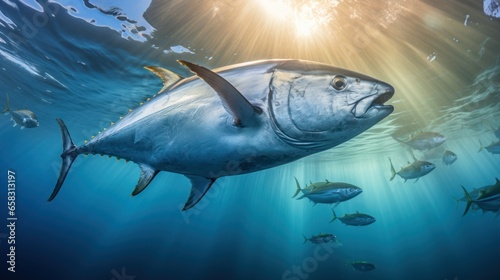 Longtail tuna or northern bluefin tuna on the utensil © sirisakboakaew