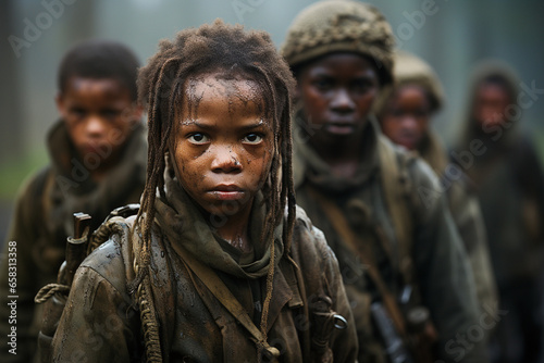 Child soldier, black african boy with dreadlocks in a group with other children, military army clothes and guns