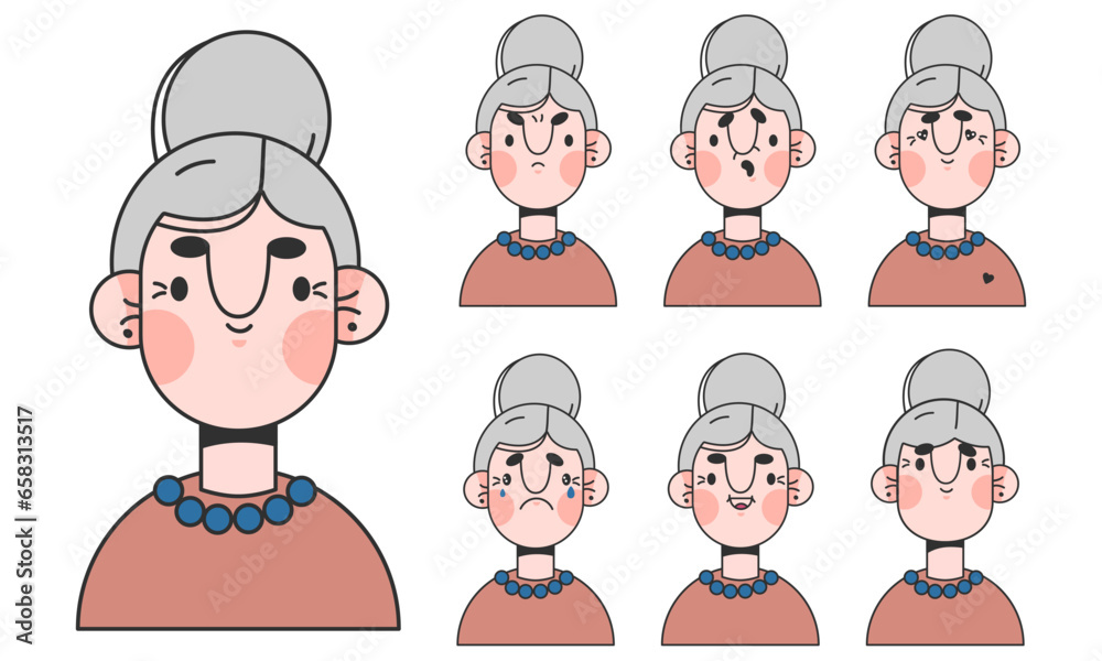 Fototapeta premium Cute elderly woman cartoon character for animation emotions. Grey haired woman face construction. Avatar with different expressions. Cartoon female personage, Vector illustration