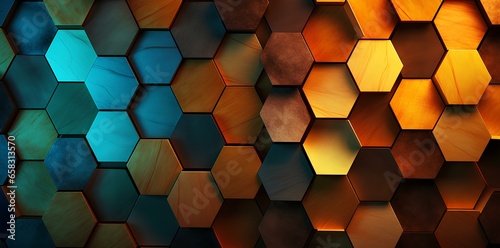 a colorful abstract background with hexagon pattern, in the style of luminescence, dark cyan and amber, light sculptures, light black, lightbox, glowing lights. generative AI