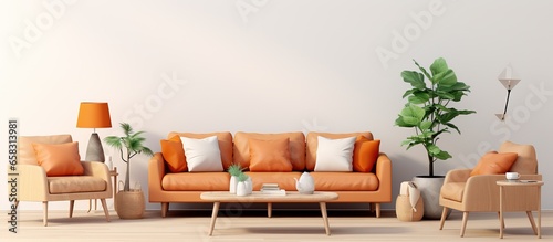 illustration of a contemporary interior with a beige color scheme featuring an orange sofa and decor