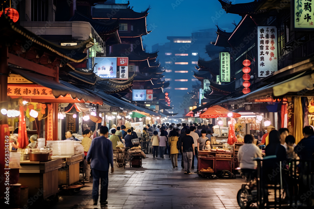 Bustling night market in vibrant China, illuminated stalls and lively atmosphere showcase Asian urban culture.