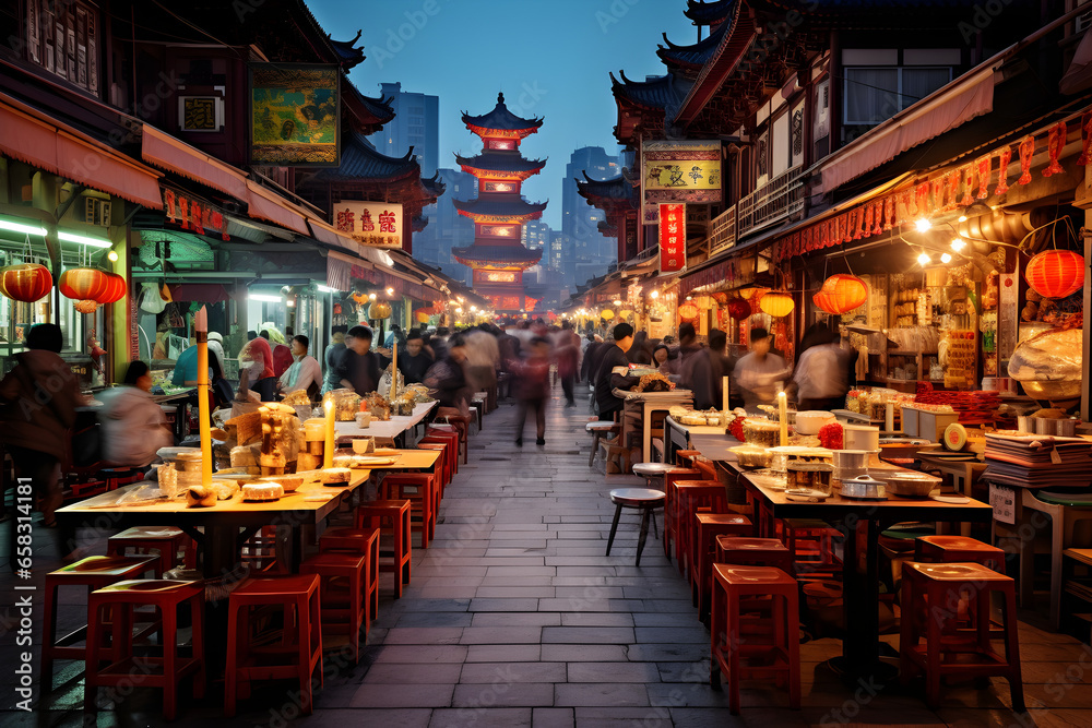 China night market, Illuminated stalls and bustling streets. - obrazy, fototapety, plakaty 