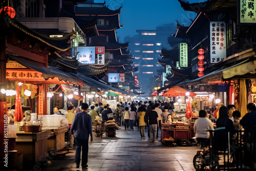 Bustling night market in vibrant China, illuminated stalls and lively atmosphere showcase Asian urban culture.