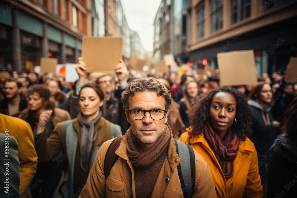 Crowd of people at a protest, human rights demonstration, social issue, ,political activist, global warming and climate change