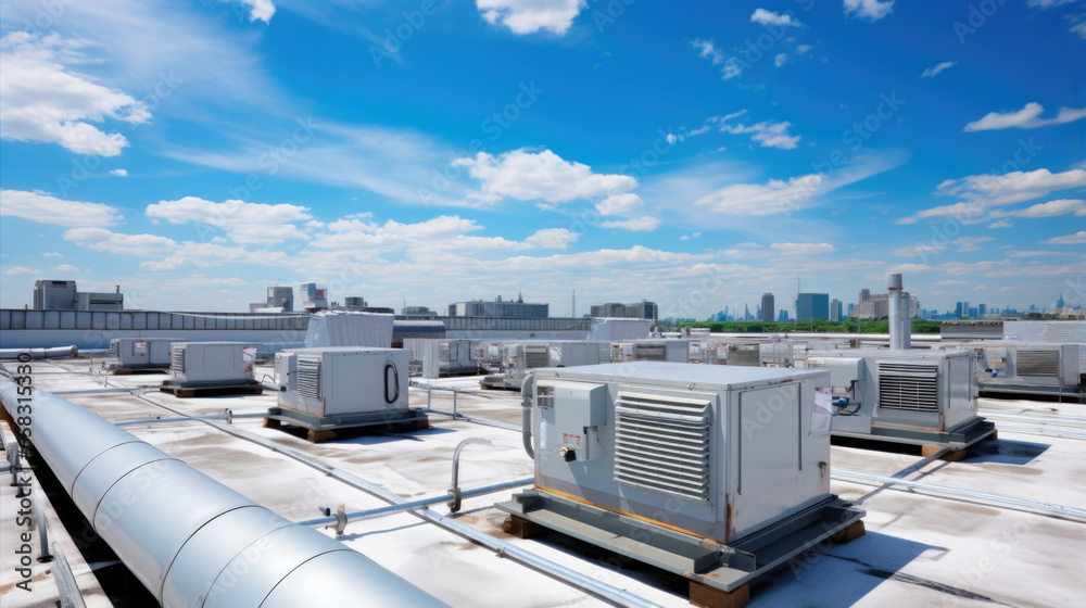 Air conditioning (HVAC) installed on the roof of industrial buildings. - obrazy, fototapety, plakaty 