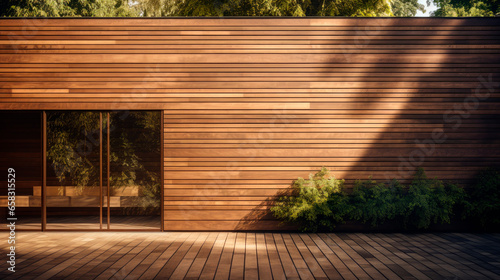 Panorama of house exterior with wooden wall and decorative plants