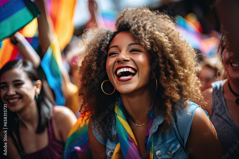 Group of friends celebrate gay pride with flags by dancing at a demonstration for support for equality