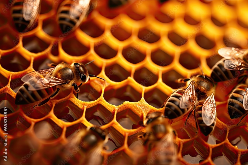 macro photography of bee hives - obrazy, fototapety, plakaty 