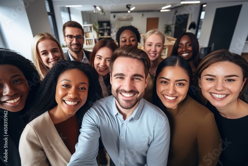 Multicultural happy people taking group selfie portrait in the office, diverse people celebrating together, Happy lifestyle and teamwork concept