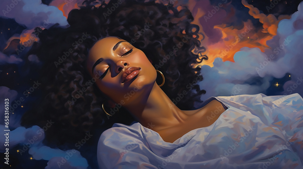 Beautiful young black woman is sleeping in the sky on clouds. Lush hair ...