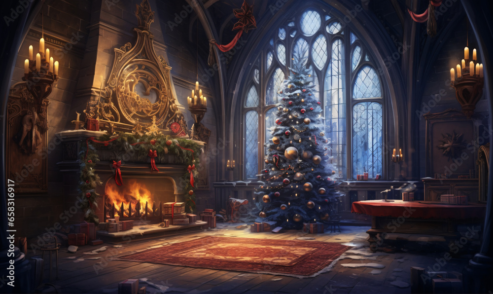 A cozy Christmas scene with an open fireplace and a festive Christmas tree. generative Ai